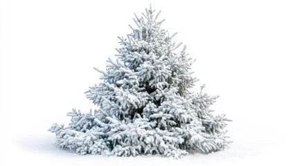 Fototapeta premium Snow-covered Christmas tree with delicate branches, set against a pure white background, evoking winter wonder.
