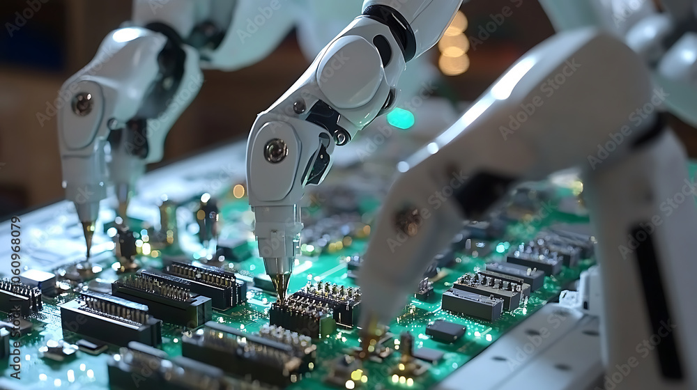 Poster Automated robotic arms assembling components in a high, tech electronics manufacturing facility