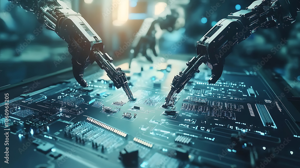 Poster automated robotic arms assembling components in a high, tech electronics manufacturing facility