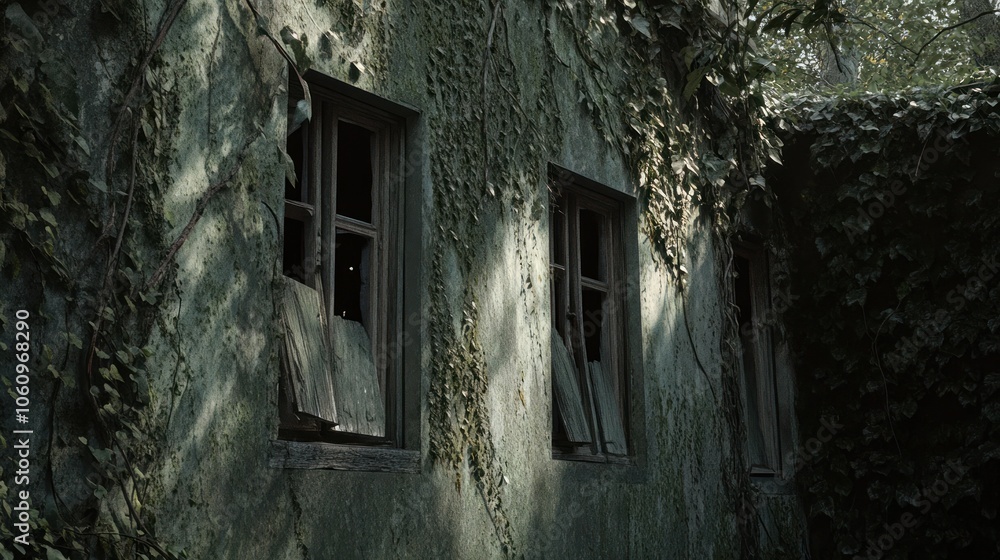 Poster two broken windows in an abandoned building overgrown with vines, sunlight shines through cracks.