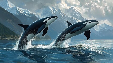 Two killer whales breaching the surface of the ocean, one leaping into the air while the other stays below, showcasing their natural bond and playful interaction