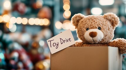 Toy Drive Donation Box with Teddy Bear in Festive Setting