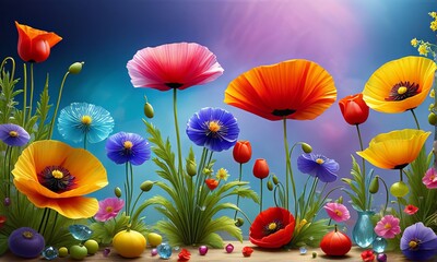 Obraz premium Colorful bouquet of flowers with blue sky background. Flowers are pink, orange. Scene is bright, cheerful, with flowers. For greeting cards, print, textile design, social media content, event decor.