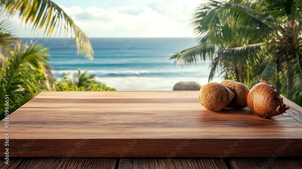 Poster a wooden table with an ocean view and palm trees in the background, depicting a summer vacation conc