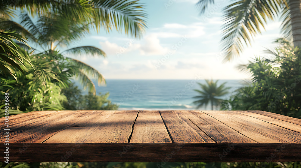 Poster a wooden table with an ocean view and palm trees in the background, depicting a summer vacation conc