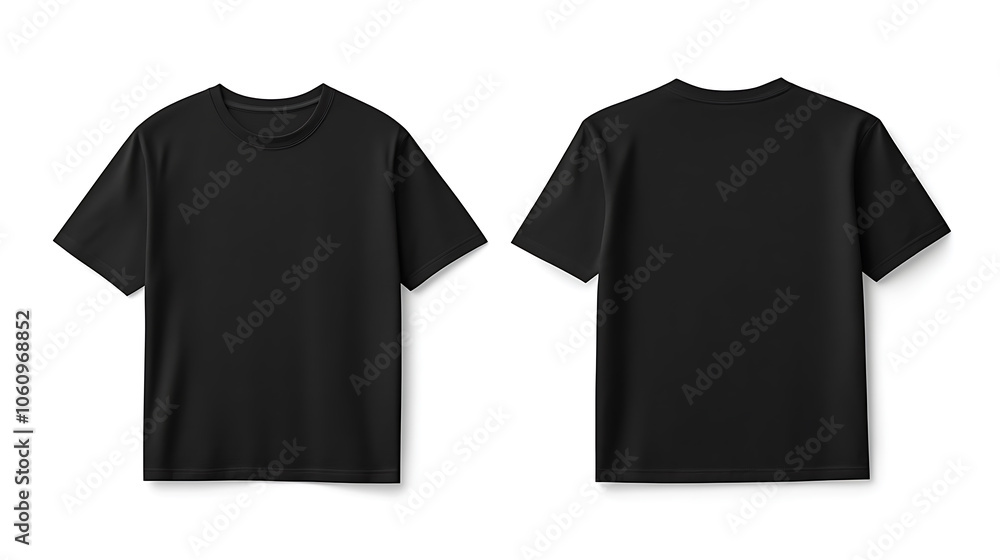Poster blank black tshirt front and back views isolated on white apparel mockup design