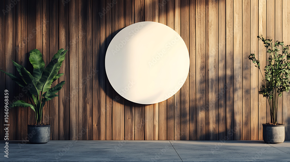Poster a wooden wall hosts a circular mockup signboard, awaiting a storefront's branding in a street settin