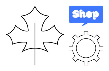 Black outline of a leaf, a gear icon, and a blue speech bubble with text Shop. Ideal for nature, shopping, business, technology, and digital design themes. Simple, minimal, vector design
