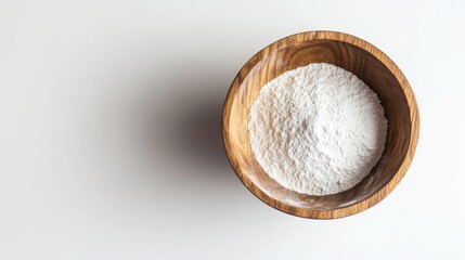 Wooden bowl filled with fine flour, placed on a white backdrop, ideal for bakery and cooking themes.