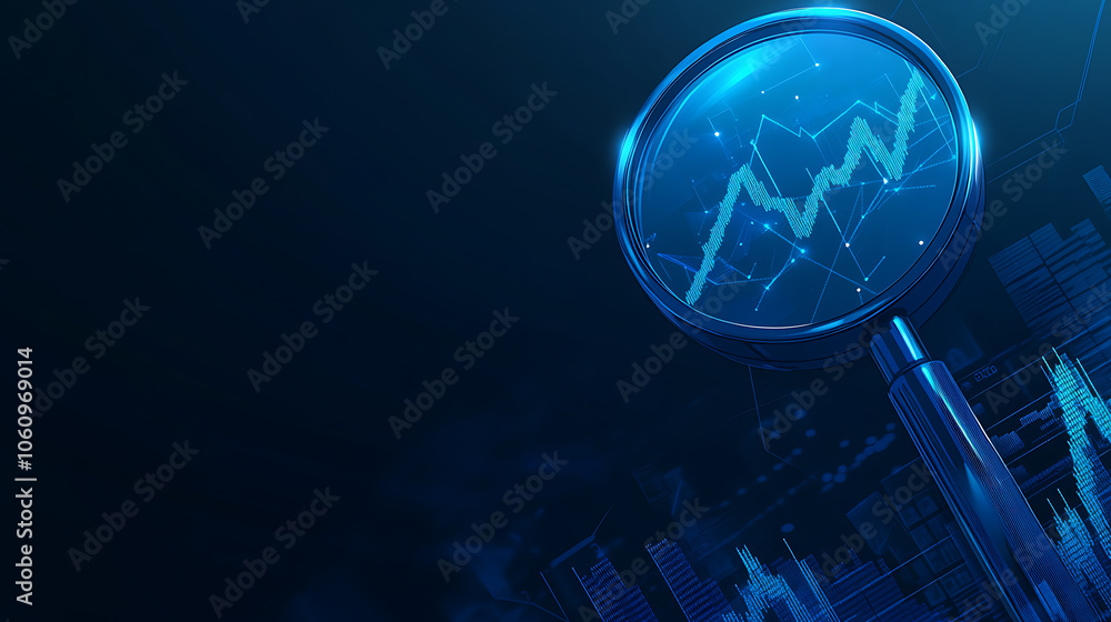 Poster blue magnifying glass with graph and arrow up, in a low poly style on a dark blue background for bus