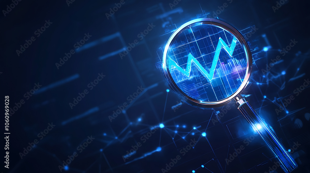 Aufkleber Blue magnifying glass with graph and arrow up, in a low poly style on a dark blue background for business analytics or analysis of data in a digital technology concept