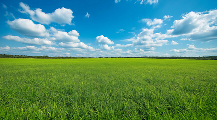 Obraz premium A large grassland with a blue sky and white clouds in the background. A flat green field with sparse plants at ground level with distant view. A horizontal composition, bright colors, natural light. 