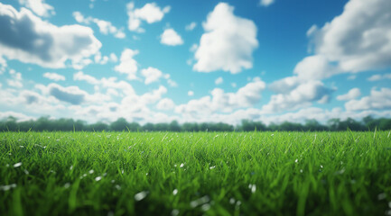 A large grassland with a blue sky and white clouds in the background.  A flat green field with sparse plants at ground level with distant view. A horizontal composition, bright colors, natural light. 
