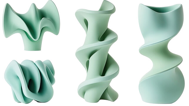 Set of Abstract Sculptures in Mint Green and Seafoam Blue Tones Generative AI