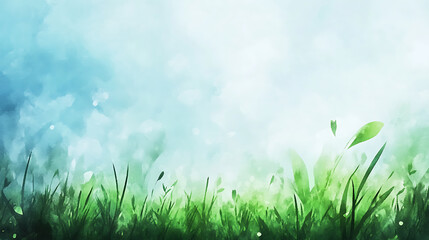 blurred grassy horizon abstract blue sky and green meadow watercolor texture summer background illustration