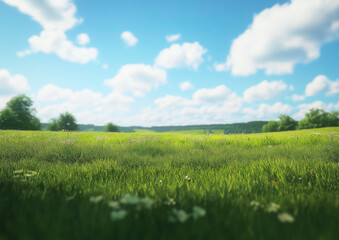 Fototapeta premium A large grassland with a blue sky and white clouds in the background. A flat green field with sparse plants at ground level with distant view. A horizontal composition, bright colors, natural light. 
