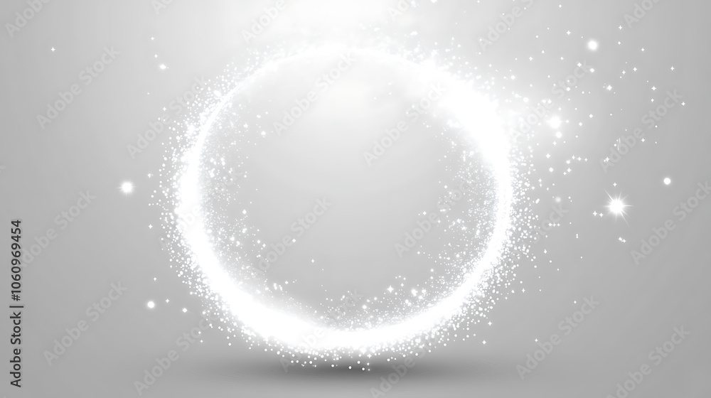 Poster circular light effect of white sparks magical glow, abstract white background with round glitter spa