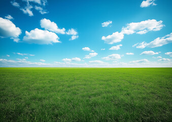 Obraz premium A large grassland with a blue sky and white clouds in the background. A flat green field with sparse plants at ground level with distant view. A horizontal composition, bright colors, natural light. 