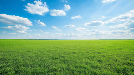 Obraz premium A large grassland with a blue sky and white clouds in the background. A flat green field with sparse plants at ground level with distant view. A horizontal composition, bright colors, natural light. 