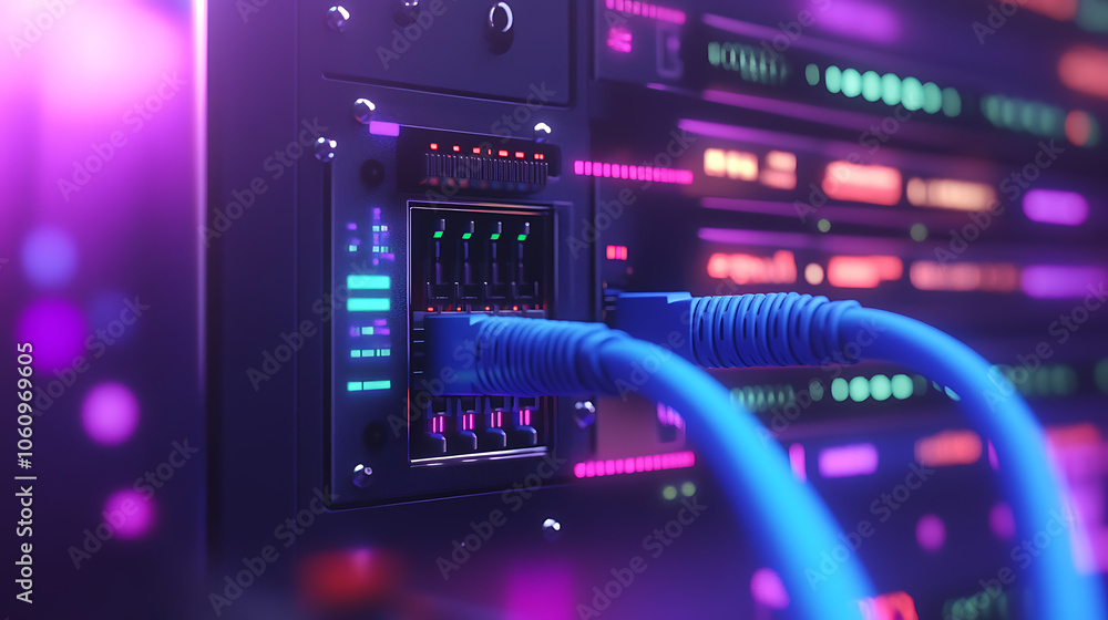 Aufkleber closeup of an internet cable being connected the end port on one side and a network switch with blue wires connected in between on top of it is a colorful display panel showing data flow