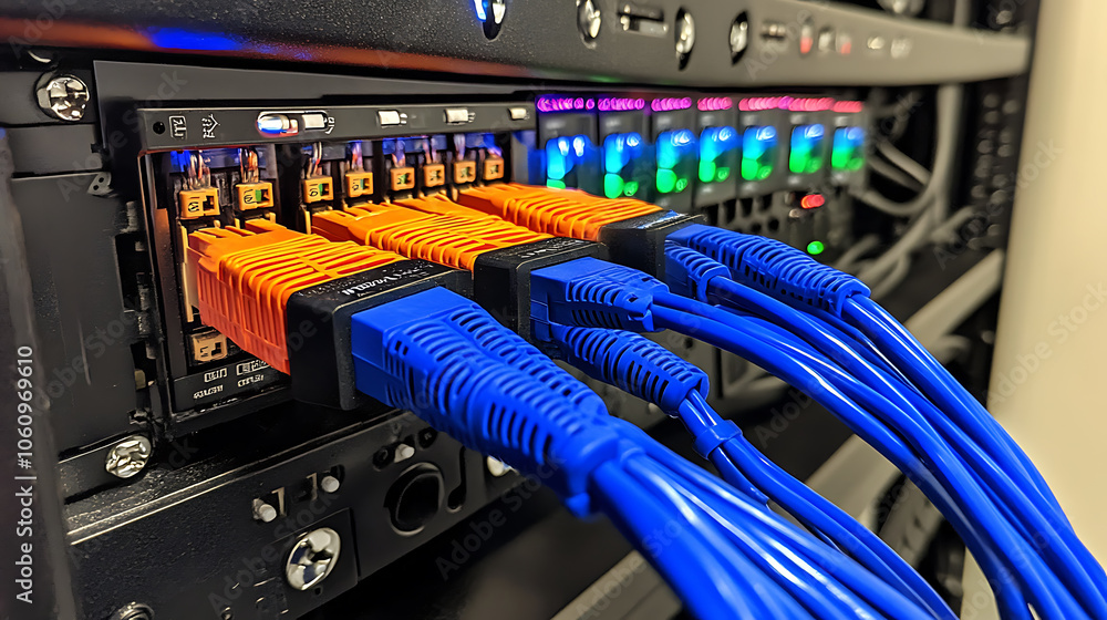 Aufkleber closeup of an internet cable being connected the end port on one side and a network switch with blue wires connected in between on top of it is a colorful display panel showing data flow