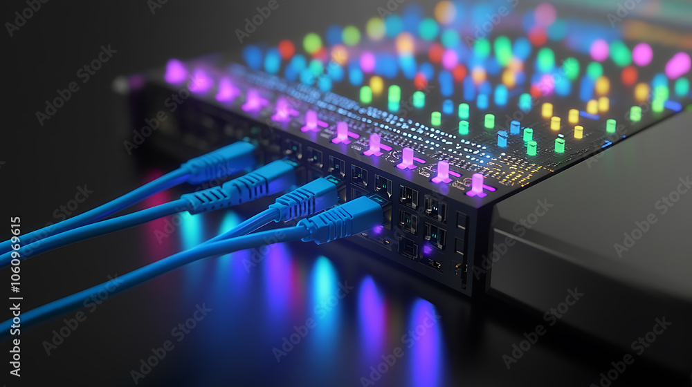Aufkleber closeup of an internet cable being connected the end port on one side and a network switch with blue wires connected in between on top of it is a colorful display panel showing data flow