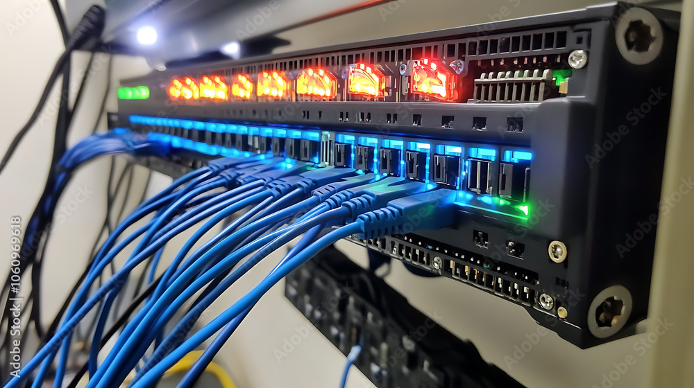 Aufkleber closeup of an internet cable being connected the end port on one side and a network switch with blue wires connected in between on top of it is a colorful display panel showing data flow