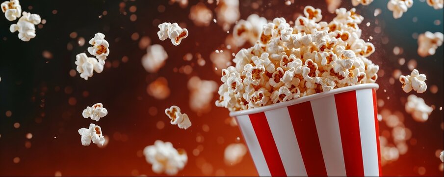 Popcorn in classic red and white striped container, black background, hight detailed upscaled image