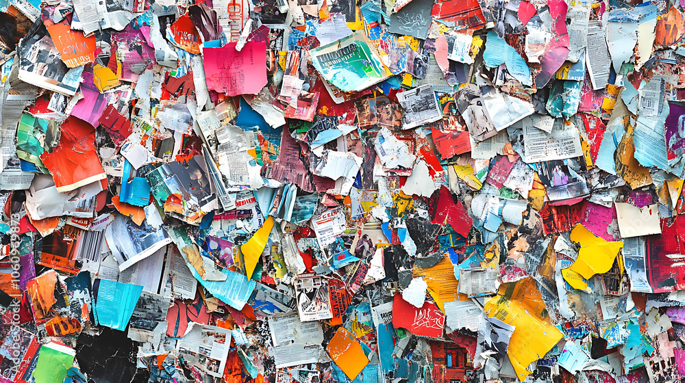 Aufkleber grungy abstract backdrop featuring a vibrant collage of torn newspaper and magazine clippings, embel