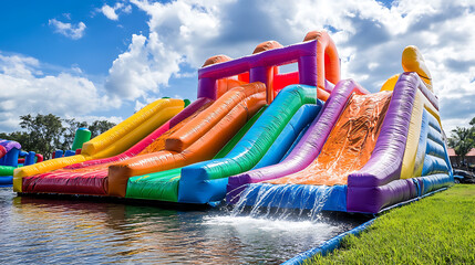 colorful inflatable bounce house water slide in backyard fun bouncy castle playground for children summer entertainment