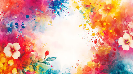 Fototapeta premium HELLO MAY, spring colorful watercolor floral background vector illustration with white space in the middle, beautiful flowers and splashes of color
