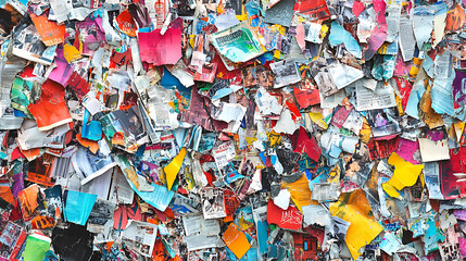 Obraz premium Grungy abstract backdrop featuring a vibrant collage of torn newspaper and magazine clippings, embellished with colorful graffiti elements, Edgy and dynamic urban texture