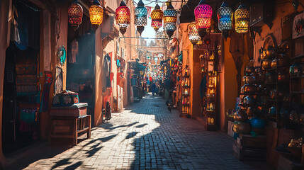 colorful moroccan lanterns illuminating a traditional souk in marrakech travel photography