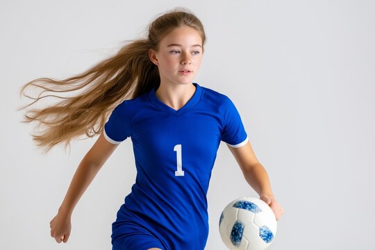 Focused teenage girl in a blue sports uniform dribbles a soccer ball against a minimalist backdrop