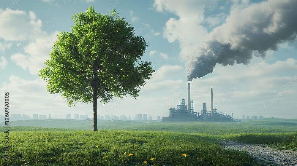 Poster compare a green tree and meadow with clear air to a factory emitting pollution and its effects on cl