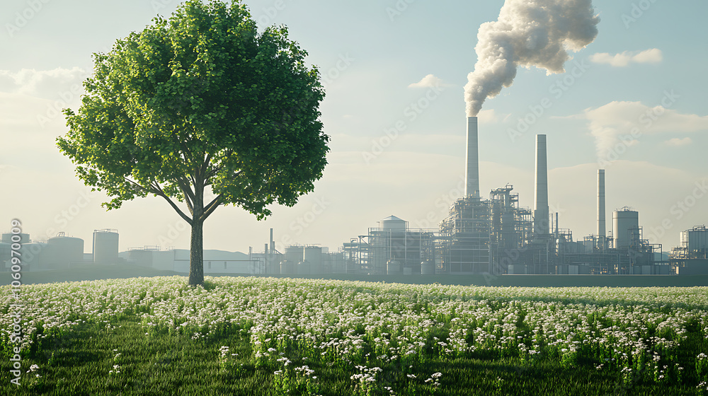 Poster compare a green tree and meadow with clear air to a factory emitting pollution and its effects on cl