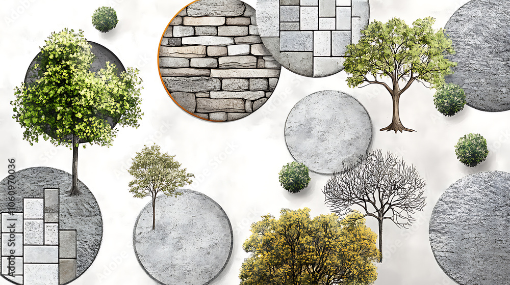 Poster Hand, drawn architectural pattern with various textures in circles, For architectural layout and landscape design, an abstract tree top view is used