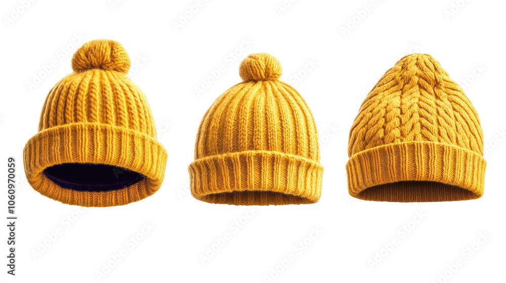 Poster collection of knitted yellow hats on a transparent background generative ai