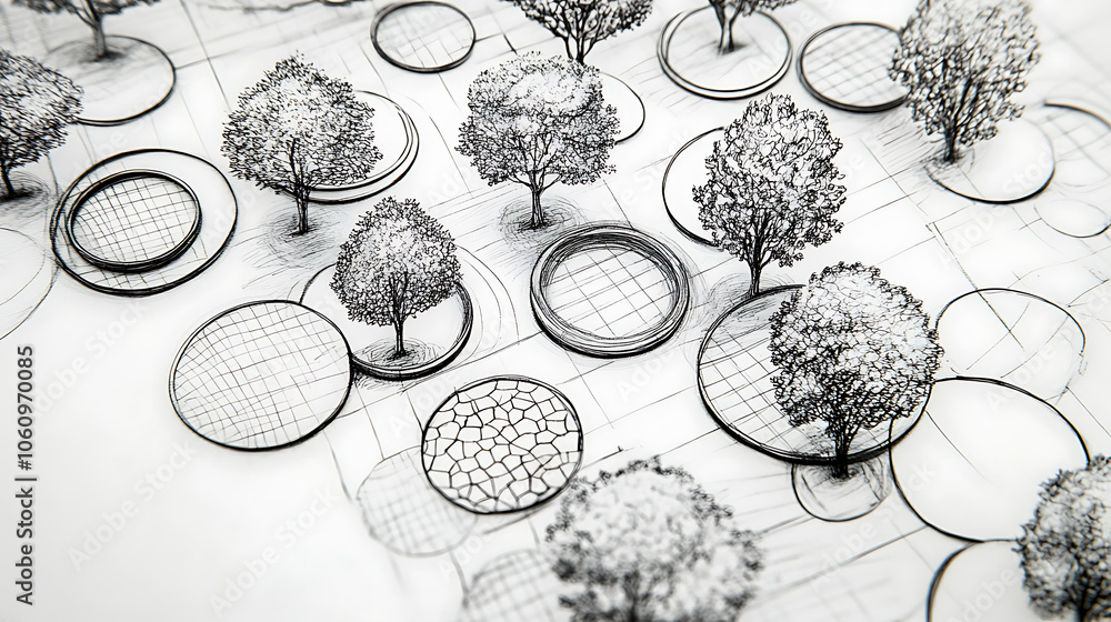 Poster Hand, drawn architectural pattern with various textures in circles, For architectural layout and landscape design, an abstract tree top view is used