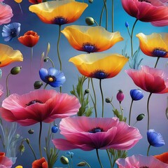 Obraz premium Colorful bouquet of flowers with blue sky background. Flowers are pink, orange. Scene is bright, cheerful, with flowers. For greeting cards, print, textile design, social media content, event decor.