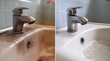 Compare the images of the dirty stainless faucet cover with the hard calcium water stain in the bathroom before and after cleaning it with a special detergent