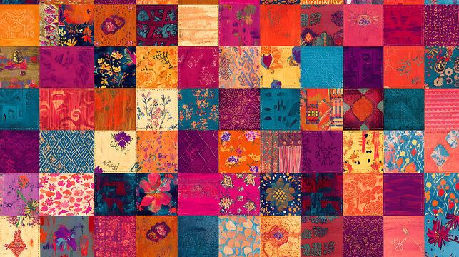 Colorful hand, drawn vector patchwork quilt pattern with Indian, Arabic, and Turkish motifs for fabric or paper
