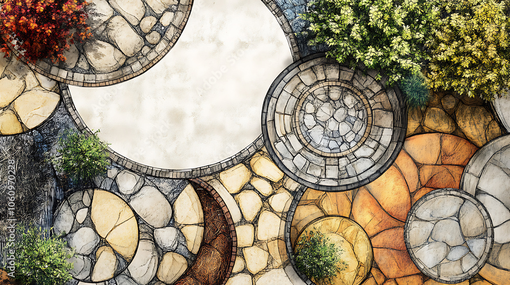 Poster Hand, drawn architectural pattern with various textures in circles, For architectural layout and landscape design, an abstract tree top view is used