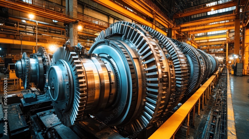 Poster industrial turbine rotor in a factory setting, showing the complex engineering and precision of mode