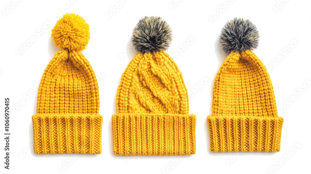 Aufkleber set of three knitted yellow hats on a transparent background generative ai
