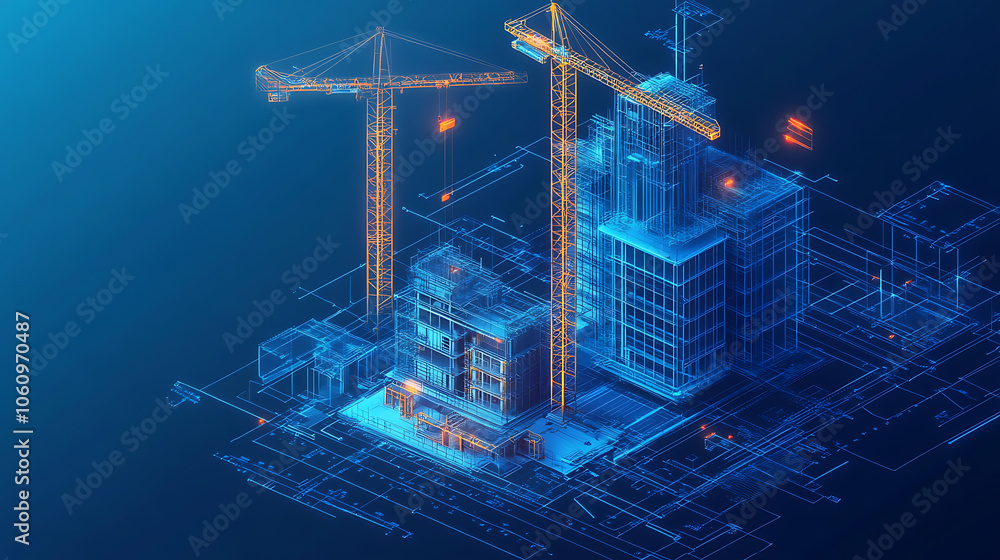 Poster digital construction building information modeling bim concept with 3d model and blueprints vector illustration