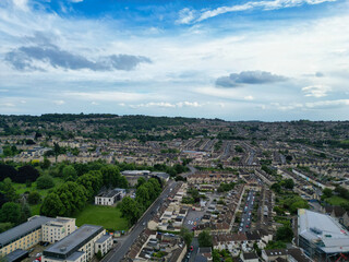High Angle View of Historical Bath City of England United Kingdom During Mostly Cloudy Day of May 26th, 2024, Aerial Footage Was Captured with Drone's Camera During Bright Sunny Day