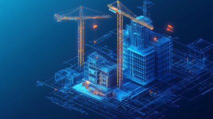 digital construction building information modeling bim concept with 3d model and blueprints vector illustration