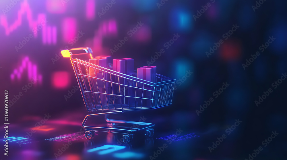 Poster digital online shopping growth concept with increasing sales graph and shopping cart icon