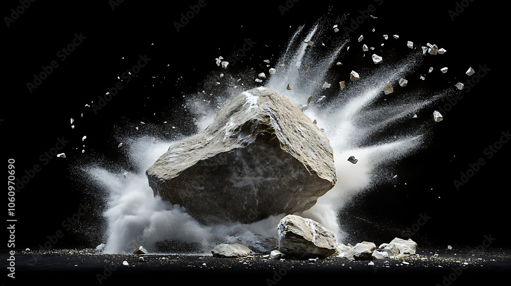 Poster dramatic abstract composition of shattered rock boulder exploding into white dust and debris against